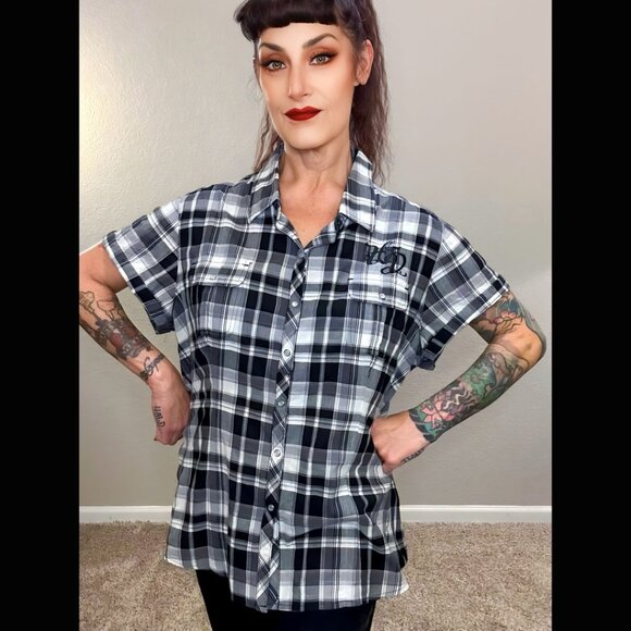 Harley Davidson Black & White Plaid SS Button Down Motorcycle Shirt Biker XXL - Picture 1 of 15